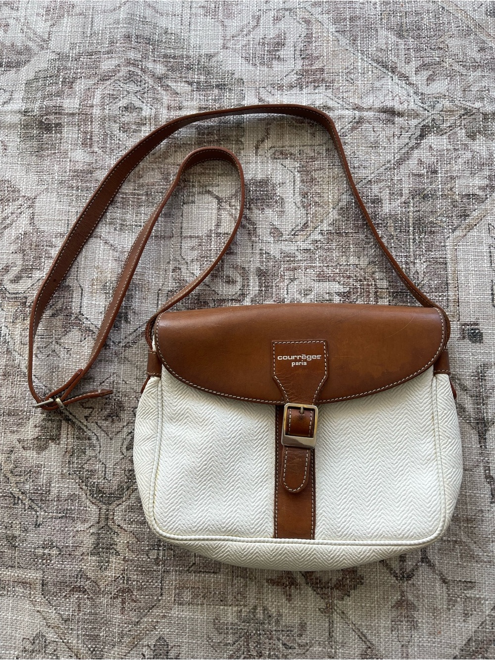 Courrèges Paris Cream Vintage Herringbone Crossbody with Brown Leather Trim